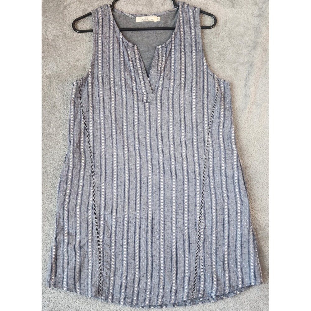 Solitaire Dress Womens Medium Blue White Geometric Stripe Crochet Trim Shift